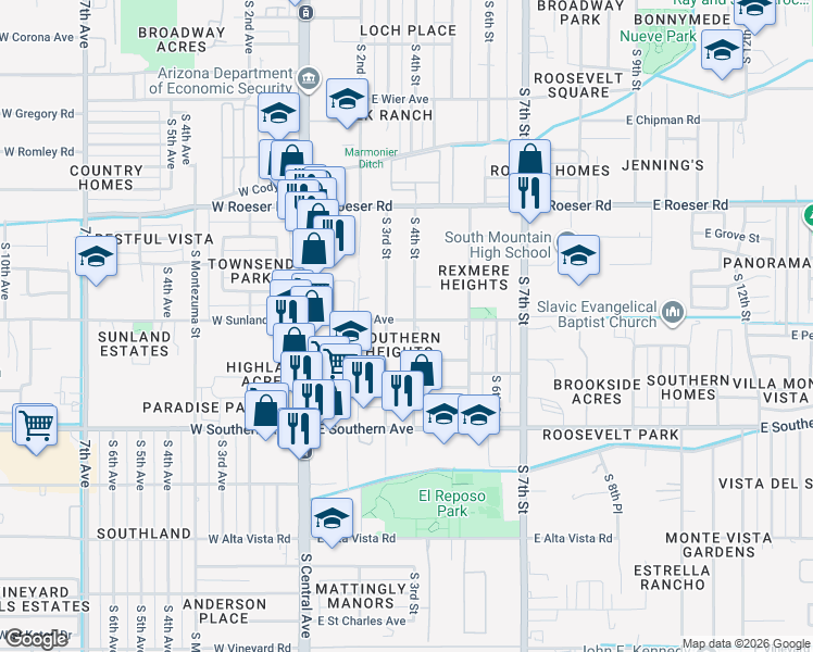 map of restaurants, bars, coffee shops, grocery stores, and more near 5456 East Sunland Avenue in Phoenix