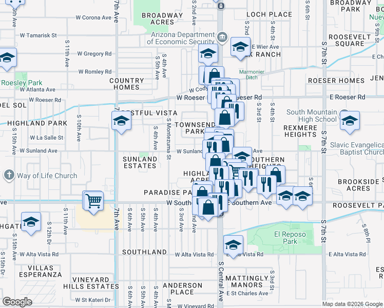 map of restaurants, bars, coffee shops, grocery stores, and more near 202 West Sunland Avenue in Phoenix