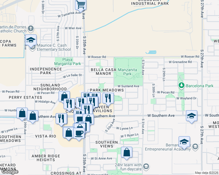 map of restaurants, bars, coffee shops, grocery stores, and more near 3307 West Sunland Court in Phoenix