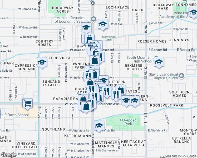map of restaurants, bars, coffee shops, grocery stores, and more near 10 East Sunland Avenue in Phoenix