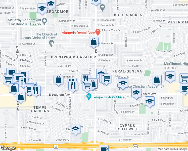 map of restaurants, bars, coffee shops, grocery stores, and more near 3100 South Rural Road in Tempe