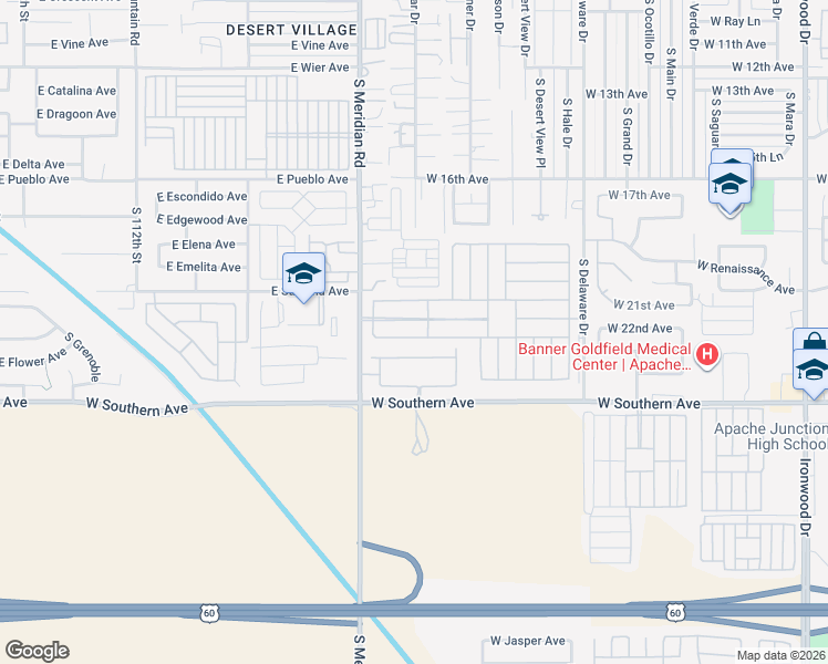 map of restaurants, bars, coffee shops, grocery stores, and more near 2101 South Meridian Road in Apache Junction