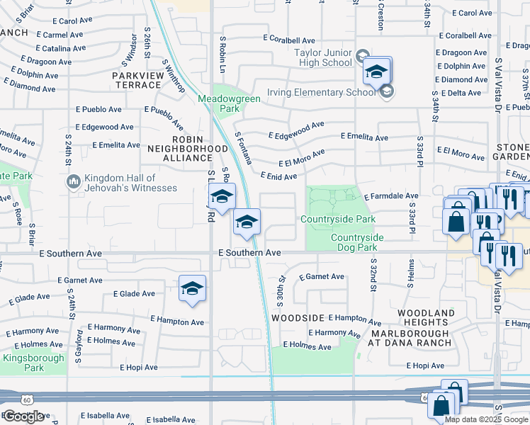 map of restaurants, bars, coffee shops, grocery stores, and more near 2932 East Fairview Avenue in Mesa