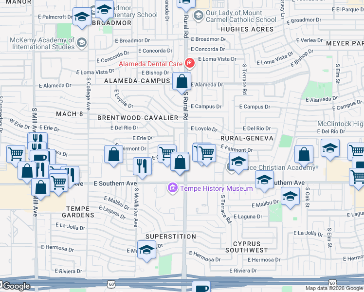 map of restaurants, bars, coffee shops, grocery stores, and more near 3027 South Palm Drive in Tempe