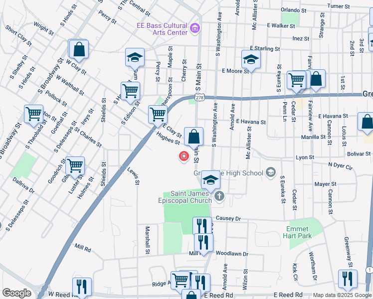 map of restaurants, bars, coffee shops, grocery stores, and more near 224 Hughes Street in Greenville