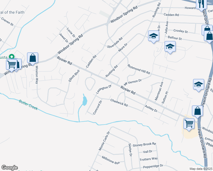map of restaurants, bars, coffee shops, grocery stores, and more near 3605 Lexington Drive in Augusta