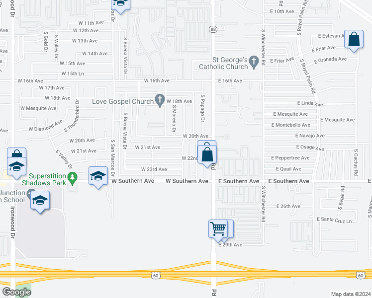 map of restaurants, bars, coffee shops, grocery stores, and more near 2125 South Apache Drive in Apache Junction