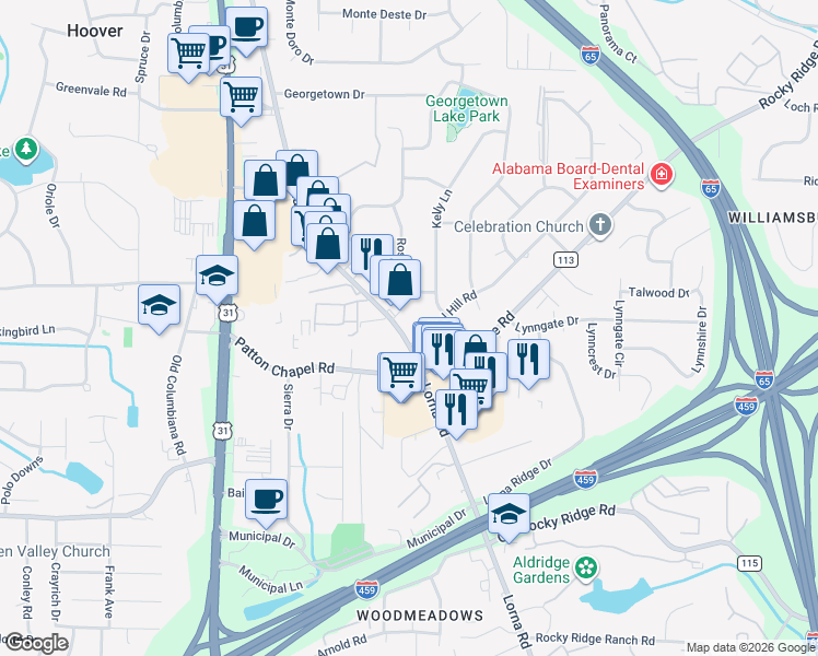 map of restaurants, bars, coffee shops, grocery stores, and more near 3249 Lorna Road in Birmingham