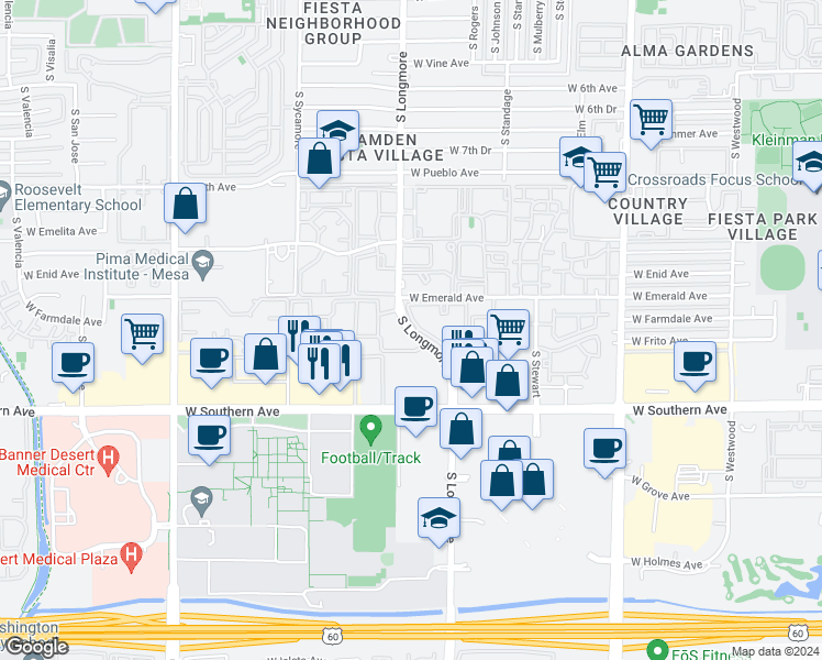 map of restaurants, bars, coffee shops, grocery stores, and more near 8 West Inglewood Village in Mesa