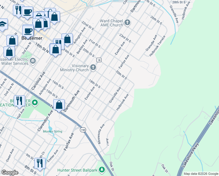 map of restaurants, bars, coffee shops, grocery stores, and more near 1817 Fairfax Avenue in Bessemer