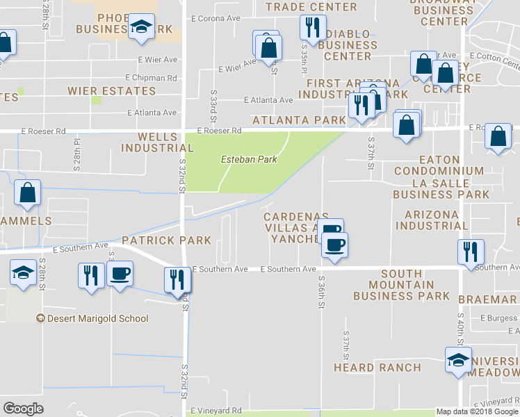 map of restaurants, bars, coffee shops, grocery stores, and more near 2398 East San Francisco Drive in Phoenix