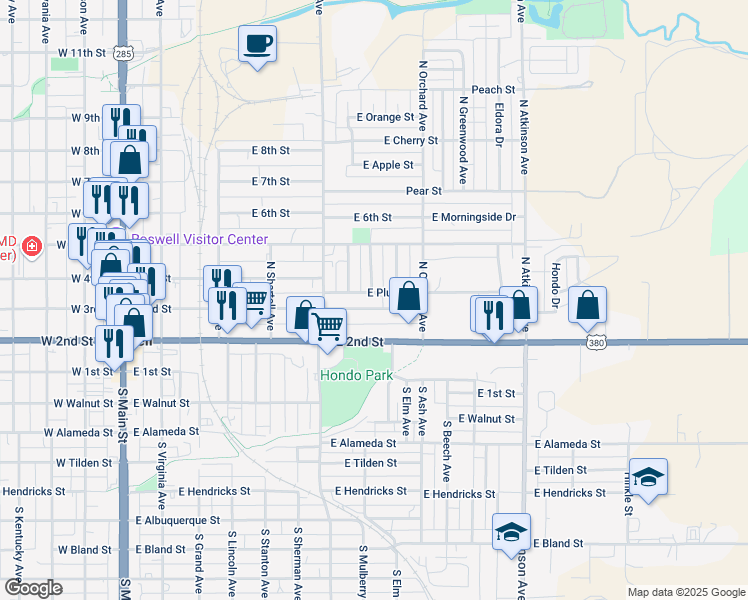 map of restaurants, bars, coffee shops, grocery stores, and more near 1104 East Plum Street in Roswell