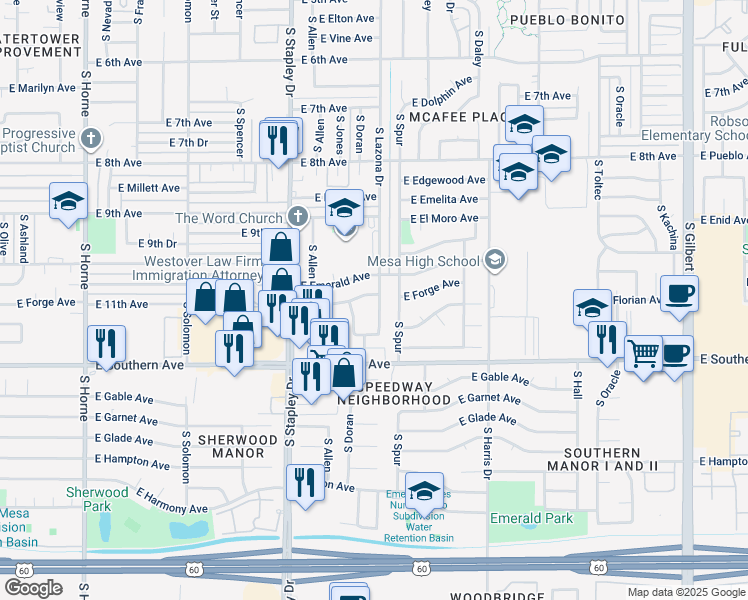 map of restaurants, bars, coffee shops, grocery stores, and more near 1324 East Forge Avenue in Mesa