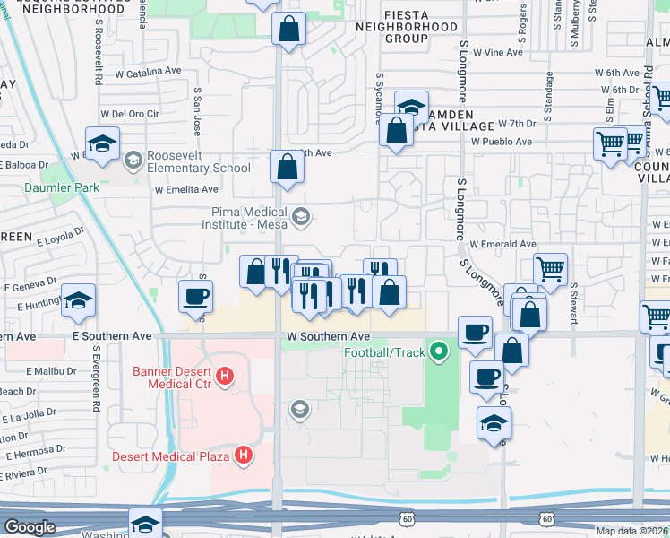 map of restaurants, bars, coffee shops, grocery stores, and more near 1868 Continental Townhouses in Mesa