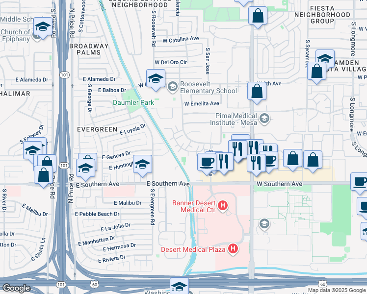 map of restaurants, bars, coffee shops, grocery stores, and more near 2233 West Farmdale Avenue in Mesa
