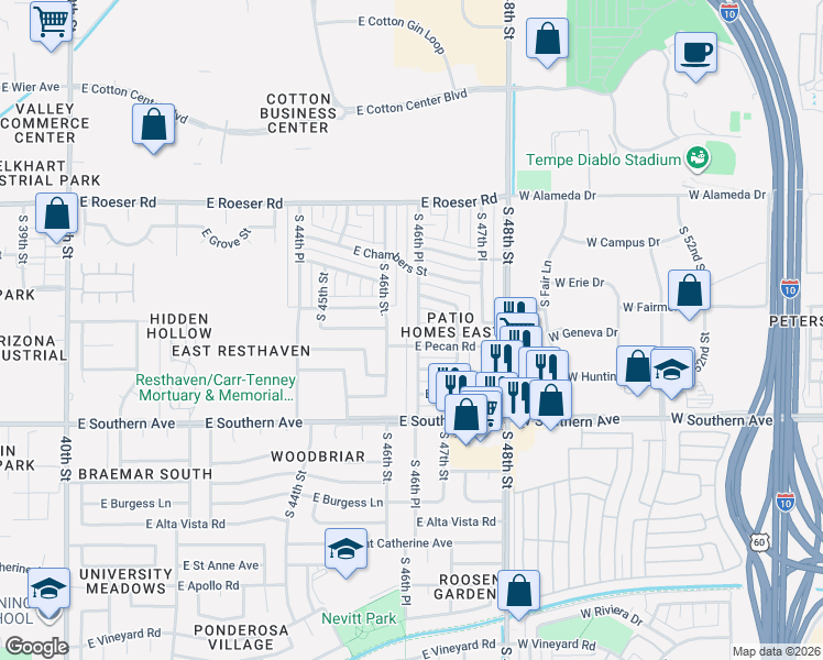 map of restaurants, bars, coffee shops, grocery stores, and more near 5607 South 46th Street in Phoenix