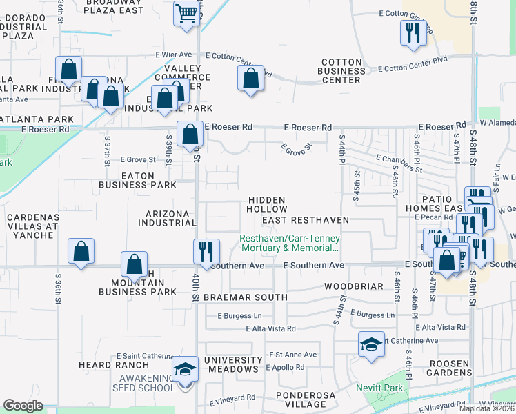map of restaurants, bars, coffee shops, grocery stores, and more near 5615 South 41st Place in Phoenix