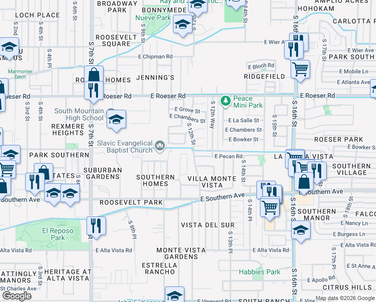 map of restaurants, bars, coffee shops, grocery stores, and more near 5533 South 11th Place in Phoenix