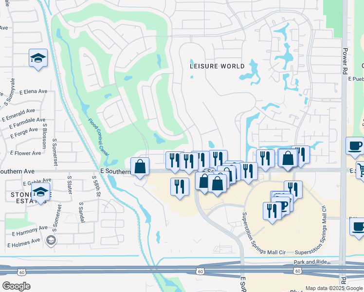 map of restaurants, bars, coffee shops, grocery stores, and more near 2308 Leisure World in Mesa