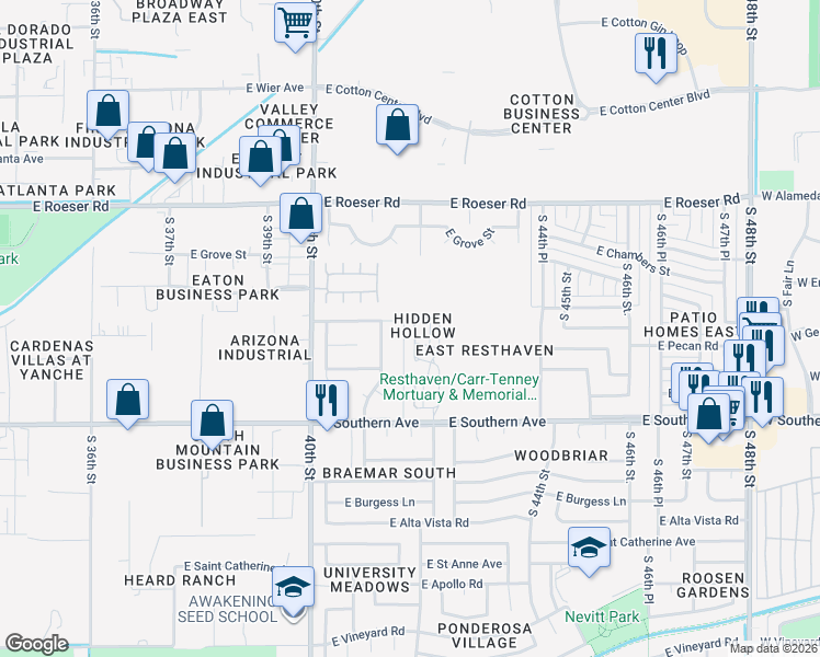 map of restaurants, bars, coffee shops, grocery stores, and more near 5615 South 41st Place in Phoenix