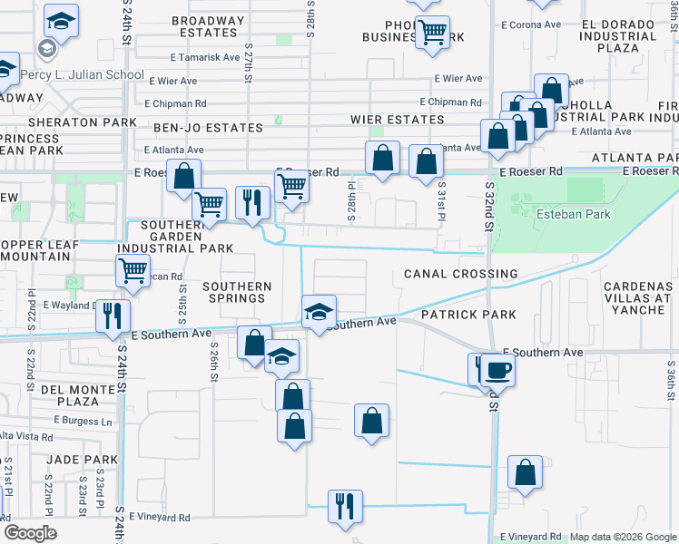 map of restaurants, bars, coffee shops, grocery stores, and more near 2835 East Sunland Avenue in Phoenix