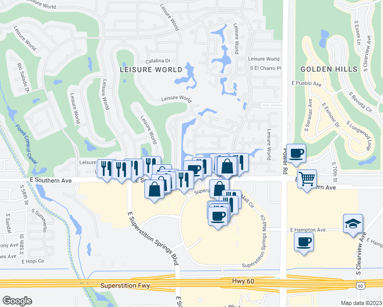 map of restaurants, bars, coffee shops, grocery stores, and more near 397 Leisure World in Mesa