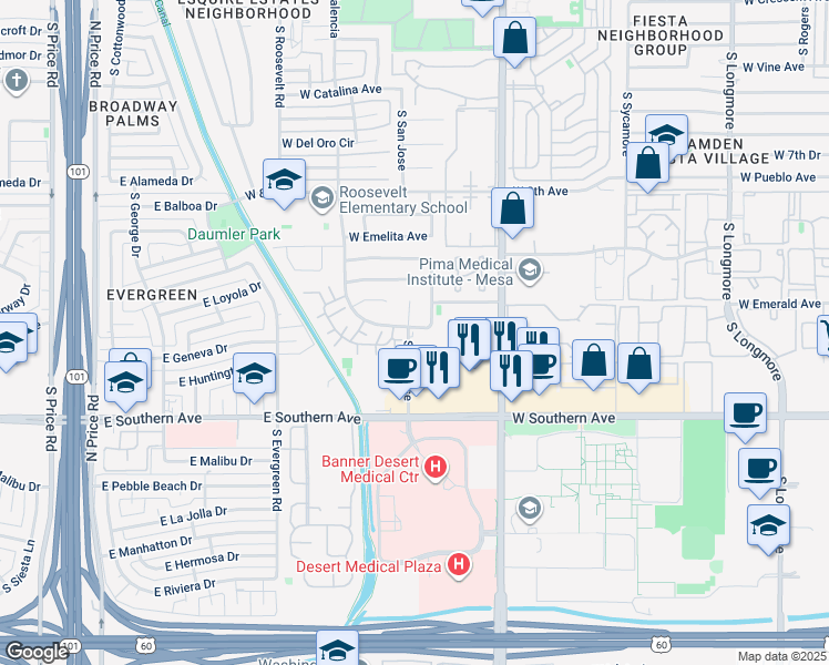 map of restaurants, bars, coffee shops, grocery stores, and more near 1045 South San Jose in Mesa