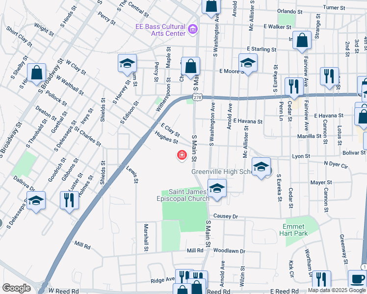 map of restaurants, bars, coffee shops, grocery stores, and more near 224 Hughes Street in Greenville