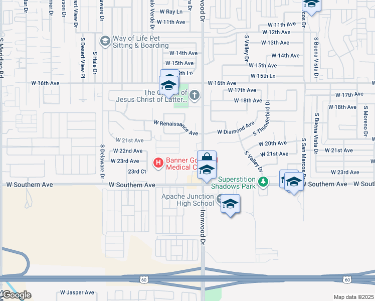 map of restaurants, bars, coffee shops, grocery stores, and more near 2080 South Ironwood Drive in Apache Junction