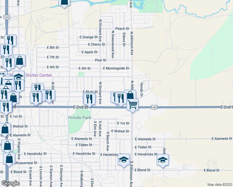 map of restaurants, bars, coffee shops, grocery stores, and more near 1104 East Plum Street in Roswell
