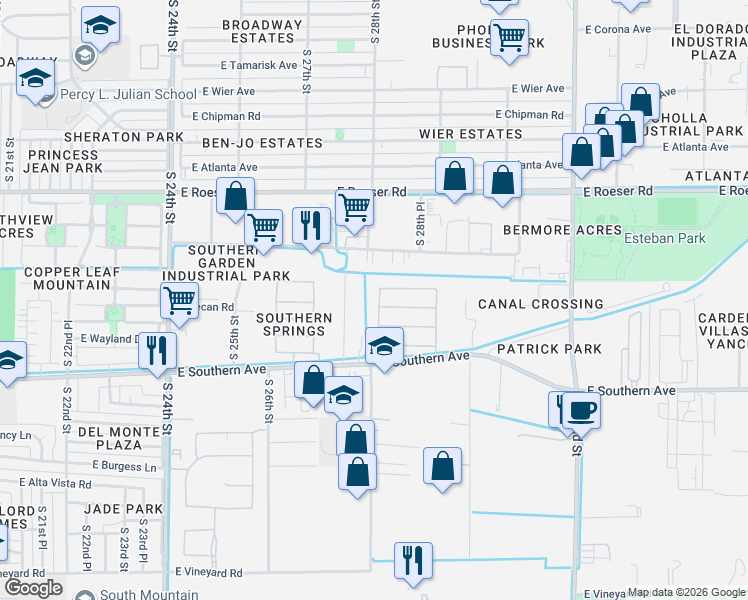 map of restaurants, bars, coffee shops, grocery stores, and more near 5614 South 28th Street in Phoenix