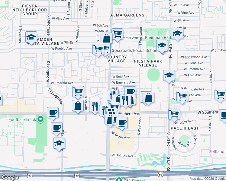 map of restaurants, bars, coffee shops, grocery stores, and more near 1147 West Farmdale Avenue in Mesa