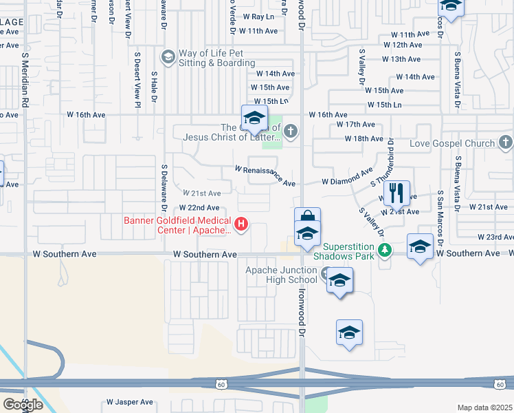 map of restaurants, bars, coffee shops, grocery stores, and more near 1804 West 21st Avenue in Apache Junction
