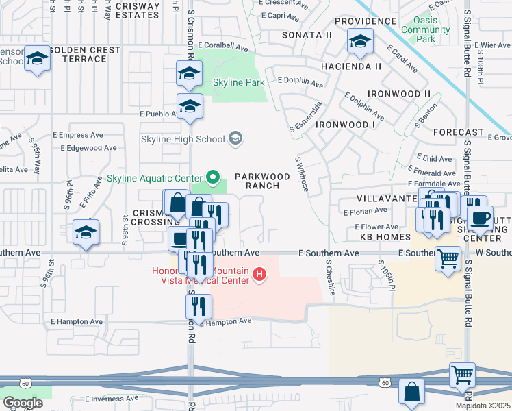 map of restaurants, bars, coffee shops, grocery stores, and more near 10136 East Southern Avenue in Mesa