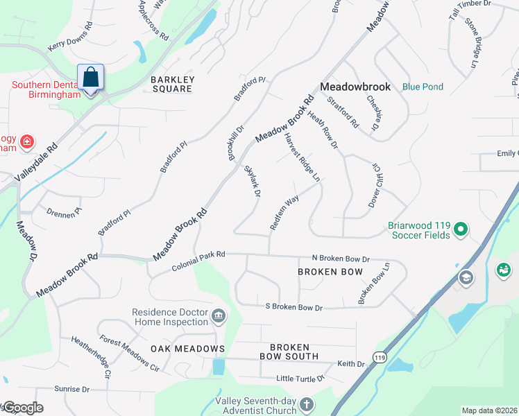 map of restaurants, bars, coffee shops, grocery stores, and more near 5116 Skylark Drive in Birmingham