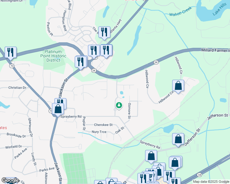 map of restaurants, bars, coffee shops, grocery stores, and more near 31 Harper's Farm Drive in Newnan