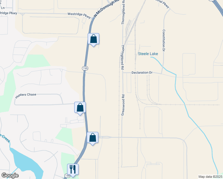 map of restaurants, bars, coffee shops, grocery stores, and more near 125 Southside Court in McDonough