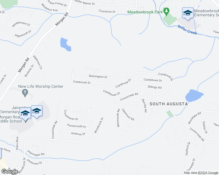 map of restaurants, bars, coffee shops, grocery stores, and more near 2722 Cranbrook Drive in Hephzibah