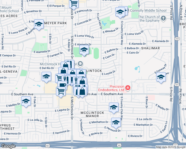 map of restaurants, bars, coffee shops, grocery stores, and more near 1881 East Del Rio Drive in Tempe