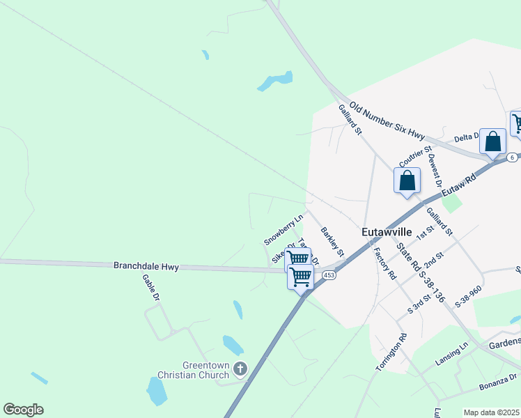 map of restaurants, bars, coffee shops, grocery stores, and more near 1 Barkley Street in Eutawville