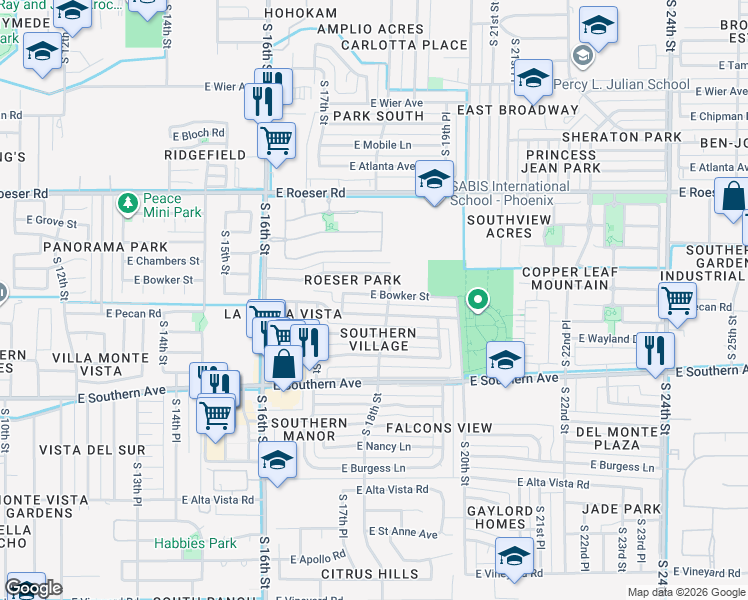 map of restaurants, bars, coffee shops, grocery stores, and more near 1753 E Bowker St in Phoenix