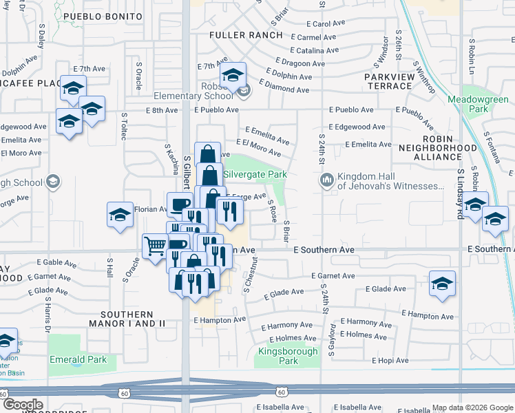 map of restaurants, bars, coffee shops, grocery stores, and more near 2167 East Forge Avenue in Mesa