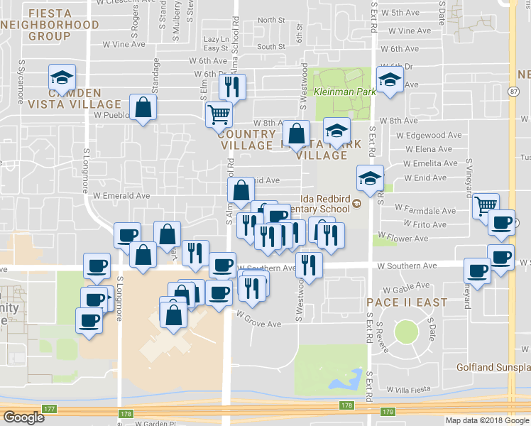 map of restaurants, bars, coffee shops, grocery stores, and more near 1065 West Farmdale Avenue in Mesa