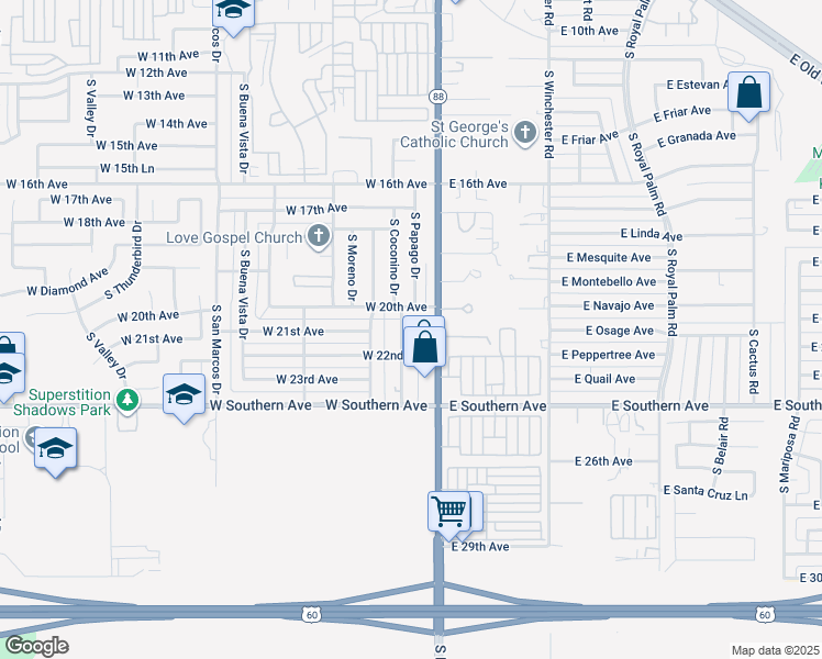 map of restaurants, bars, coffee shops, grocery stores, and more near 2200 South Coconino Drive in Apache Junction