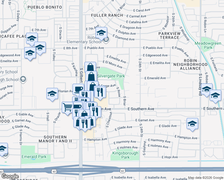 map of restaurants, bars, coffee shops, grocery stores, and more near 2167 East Forge Avenue in Mesa