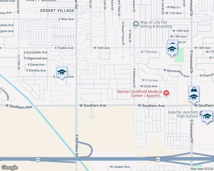 map of restaurants, bars, coffee shops, grocery stores, and more near 2101 South Meridian Road in Apache Junction