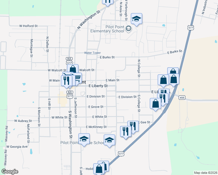 map of restaurants, bars, coffee shops, grocery stores, and more near 401 E Liberty St in Pilot Point
