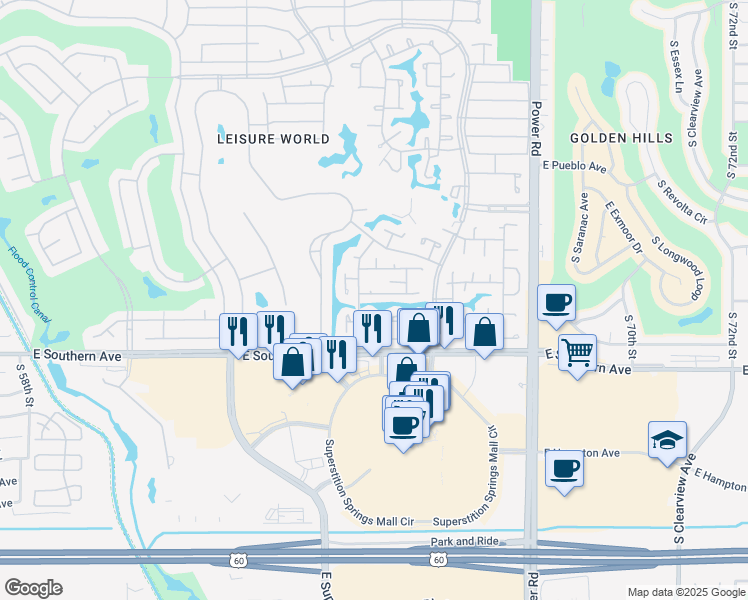 map of restaurants, bars, coffee shops, grocery stores, and more near 336 Leisure World in Mesa