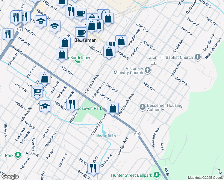 map of restaurants, bars, coffee shops, grocery stores, and more near 1529 Berkley Avenue in Bessemer