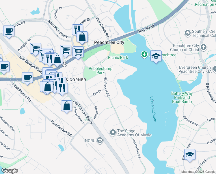 map of restaurants, bars, coffee shops, grocery stores, and more near 405 Hip Pocket Road in Peachtree City